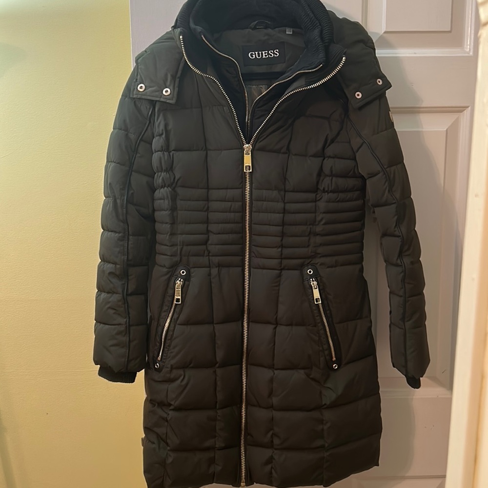 Guess Olive Green Long Puffer Hooded Winter Jacket M